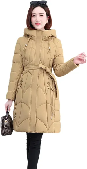 Women Long Cotton Down Hooded Parkas Coat Winter Thick Warm Puffer Padded Jacket With Belt
