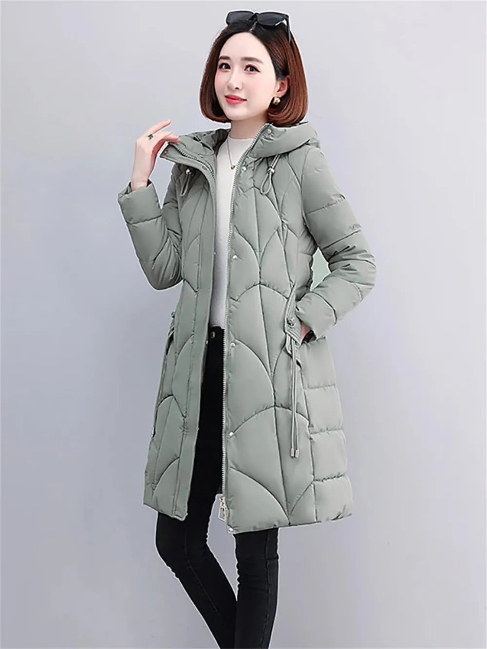 Women Long Cotton Down Hooded Parkas Coat Winter Thick Warm Puffer Padded Jacket With Belt