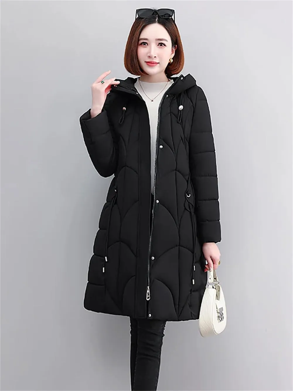 Women Long Cotton Down Hooded Parkas Coat Winter Thick Warm Puffer Padded Jacket With Belt