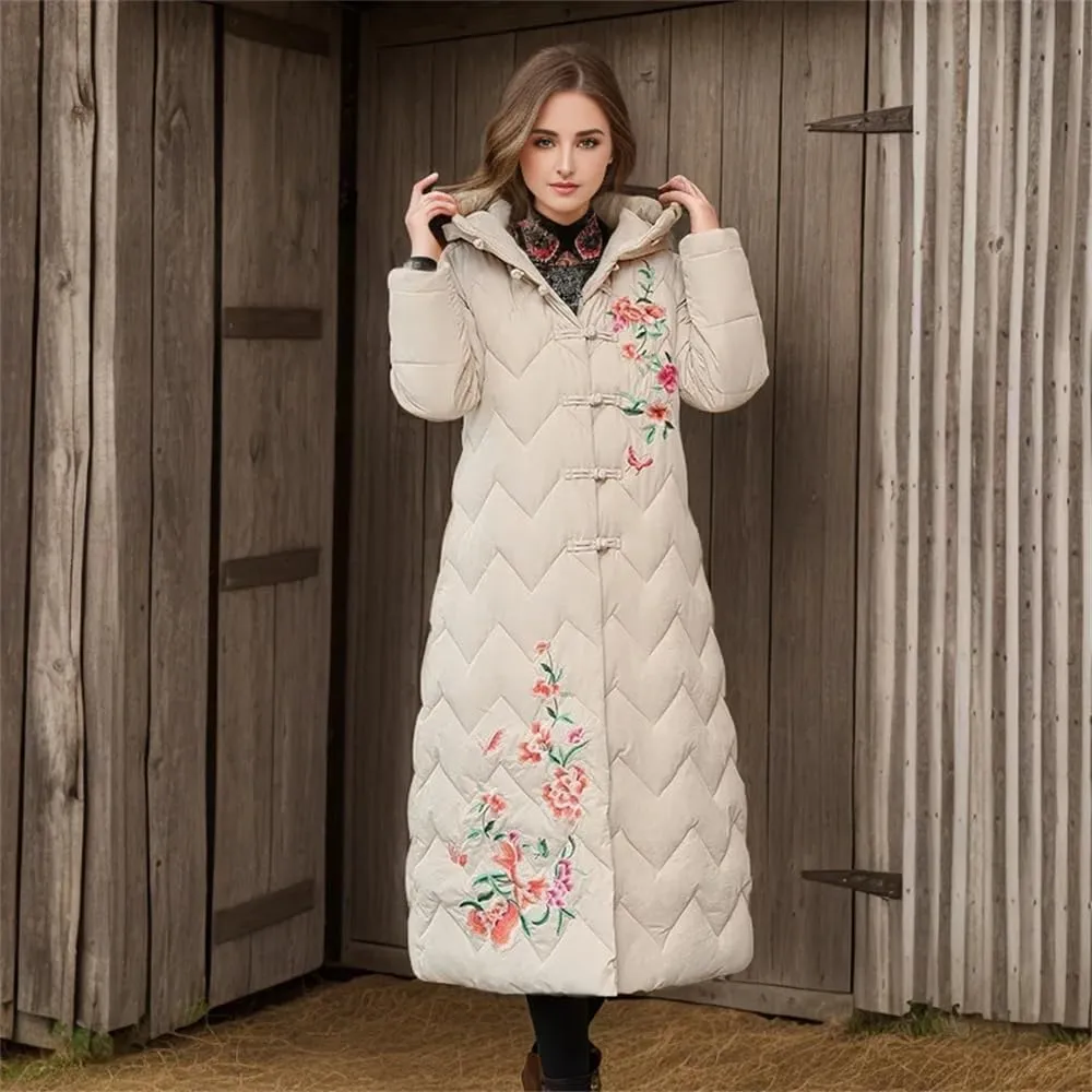Women Long Hooded Down Cotton Jacket Coat Winter Thickened Warm Pockets Padded Overcoat
