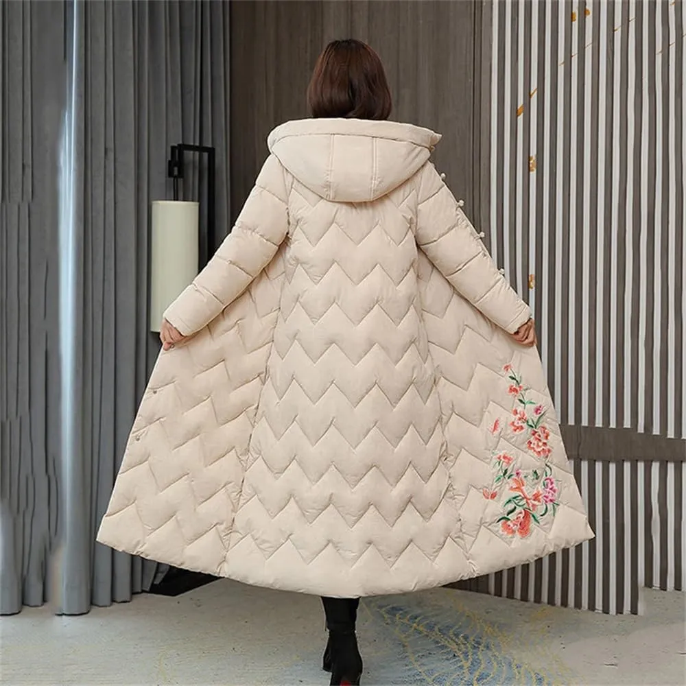 Women Long Hooded Down Cotton Jacket Coat Winter Thickened Warm Pockets Padded Overcoat
