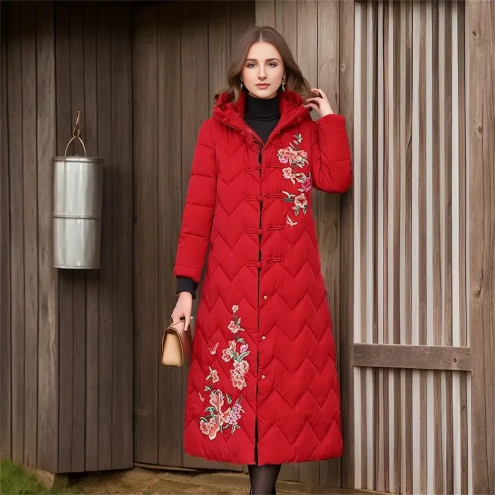 Women Long Hooded Down Cotton Jacket Coat Winter Thickened Warm Pockets Padded Overcoat