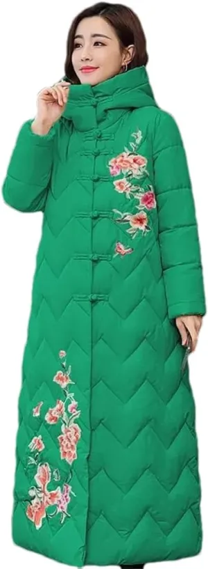 Women Long Hooded Down Cotton Jacket Coat Winter Thickened Warm Pockets Padded Overcoat