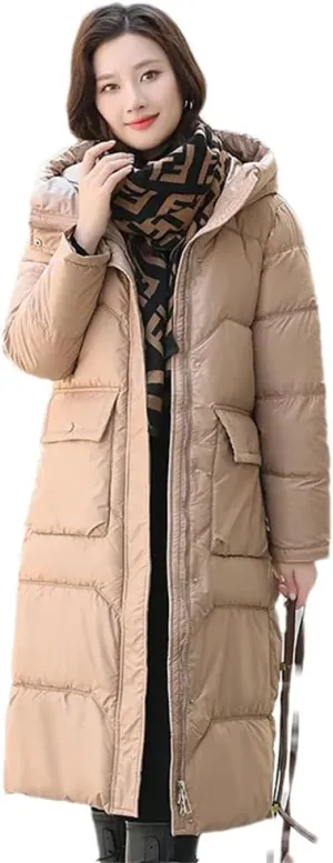 Women Long Hooded Glossy Parkas Jacket Winter Casual Thick Cotton Down Jacket Padded Coat