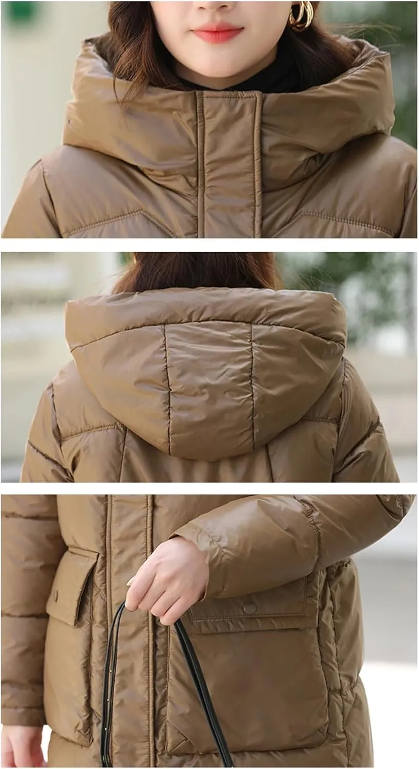 Women Long Hooded Glossy Parkas Jacket Winter Casual Thick Cotton Down Jacket Padded Coat
