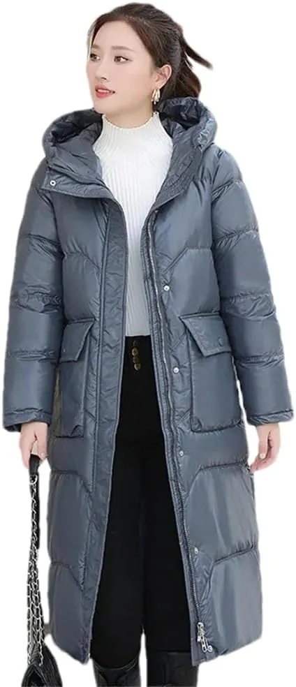 Women Long Hooded Glossy Parkas Jacket Winter Casual Thick Cotton Down Jacket Padded Coat