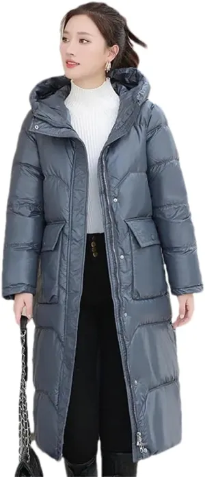 Women Long Hooded Glossy Parkas Jacket Winter Casual Thick Cotton Down Jacket Padded Coat