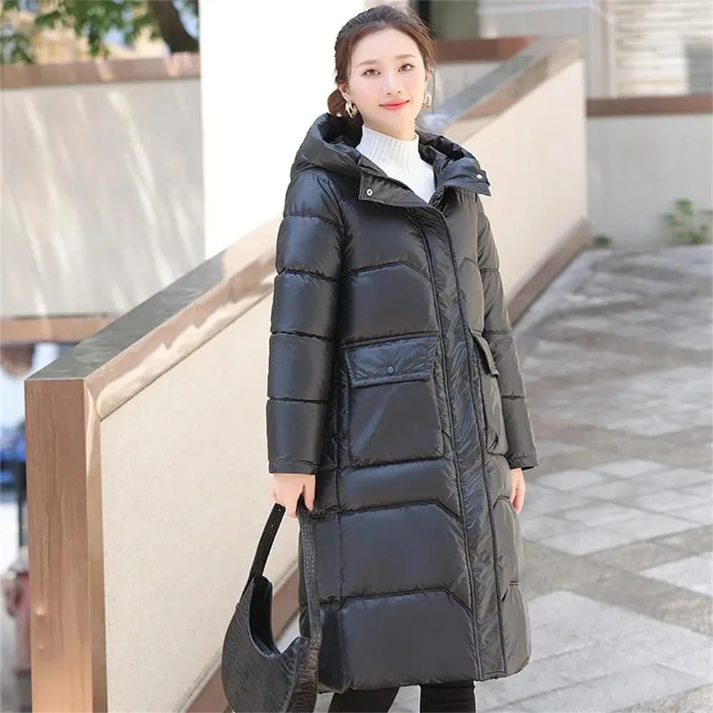 Women Long Hooded Glossy Parkas Jacket Winter Casual Thick Cotton Down Jacket Padded Coat