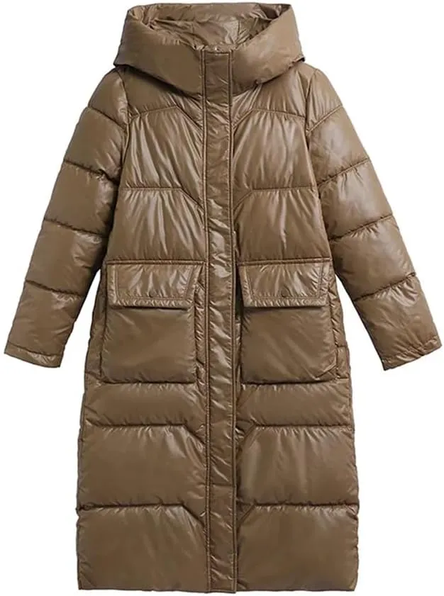 Women Long Hooded Glossy Parkas Jacket Winter Casual Thick Cotton Down Jacket Padded Coat