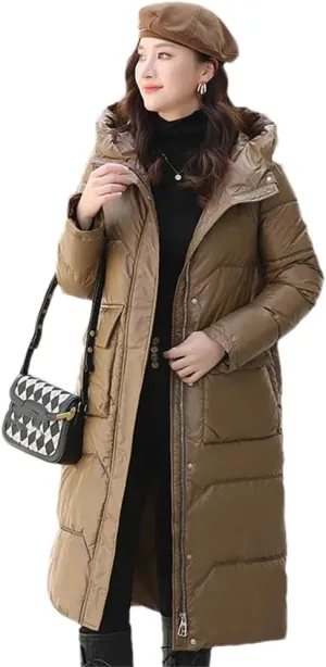 Women Long Hooded Glossy Parkas Jacket Winter Casual Thick Cotton Down Jacket Padded Coat