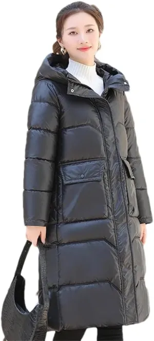 Women Long Hooded Glossy Parkas Jacket Winter Casual Thick Cotton Down Jacket Padded Coat