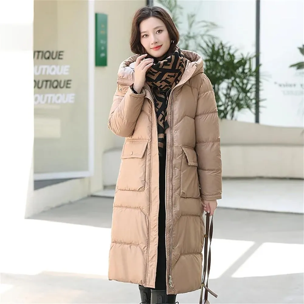 Women Long Hooded Glossy Parkas Jacket Winter Casual Thick Cotton Down Jacket Padded Coat