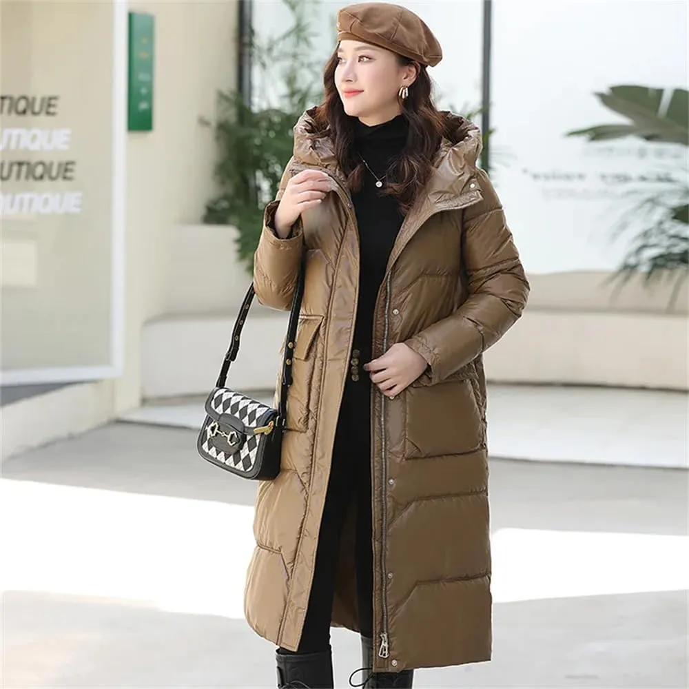 Women Long Hooded Glossy Parkas Jacket Winter Casual Thick Cotton Down Jacket Padded Coat