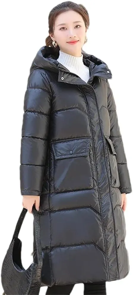 Women Long Hooded Glossy Parkas Jacket Winter Casual Thick Cotton Down Jacket Padded Coat