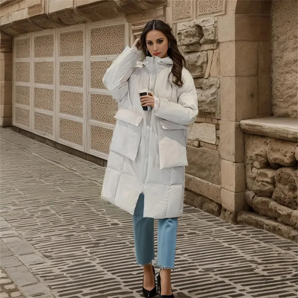 Women Long Hooded Parkas Coat Winter Loose Warm Snow Wear Cotton Pockets Padded Jacket