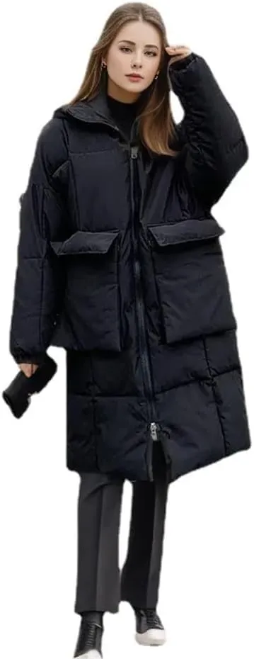 Women Long Hooded Parkas Coat Winter Loose Warm Snow Wear Cotton Pockets Padded Jacket