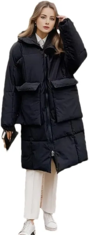 Women Long Hooded Parkas Coat Winter Loose Warm Snow Wear Cotton Pockets Padded Jacket