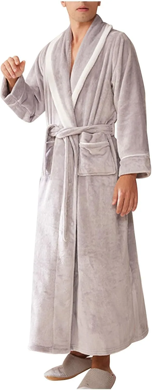 Women Men Flannel Robe Fleece Plush Soft Dressing Gown Fuzzy Nightgown Warm Shawl Collar Bathrobe Long Robes for Unisex