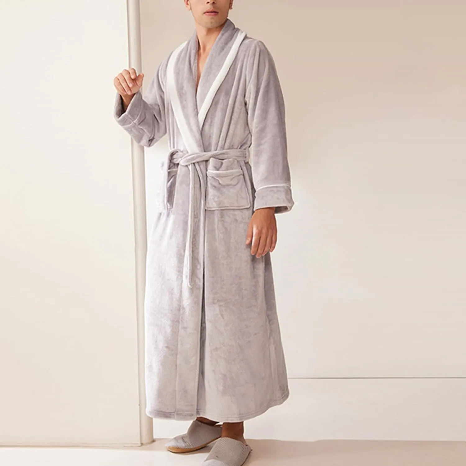 Women Men Flannel Robe Fleece Plush Soft Dressing Gown Fuzzy Nightgown Warm Shawl Collar Bathrobe Long Robes for Unisex