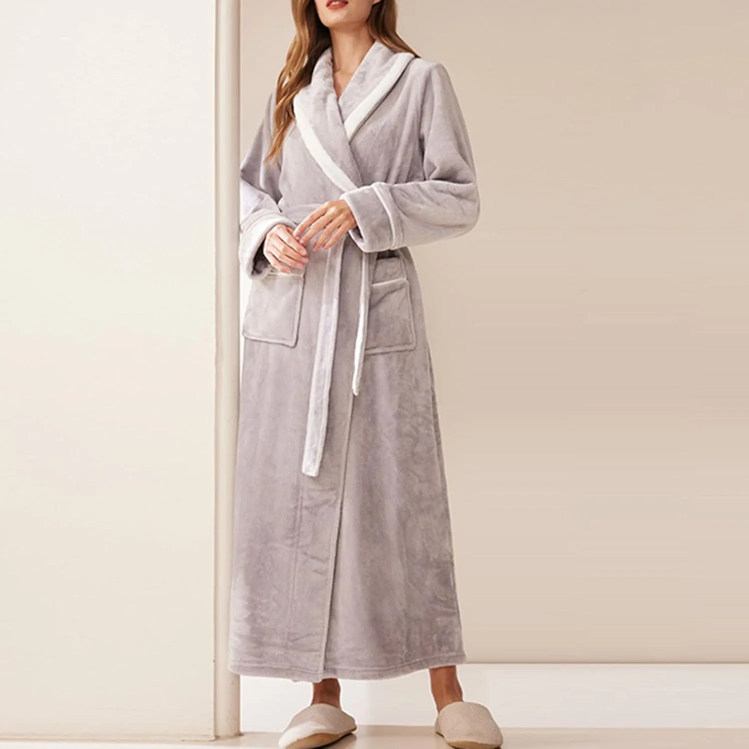 Women Men Flannel Robe Fleece Plush Soft Dressing Gown Fuzzy Nightgown Warm Shawl Collar Bathrobe Long Robes for Unisex