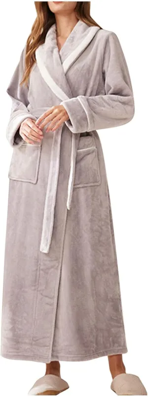 Women Men Flannel Robe Fleece Plush Soft Dressing Gown Fuzzy Nightgown Warm Shawl Collar Bathrobe Long Robes for Unisex