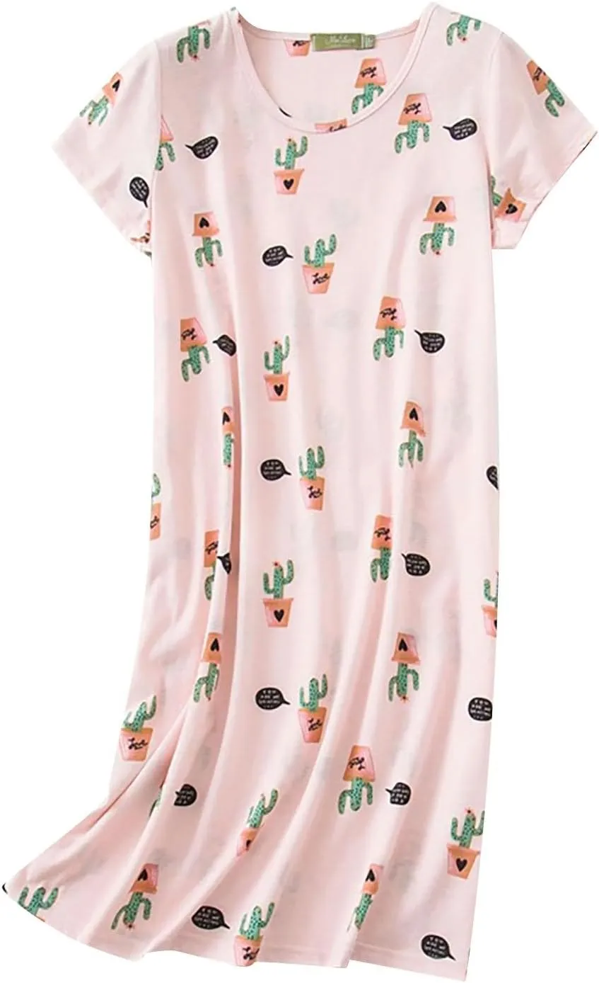 Women Nightgown Women's Cotton Nightgowns Sleepwear Flare Short Sleeve Sleepshirt Casual Print Sleepdress Comfy Pajama Dress