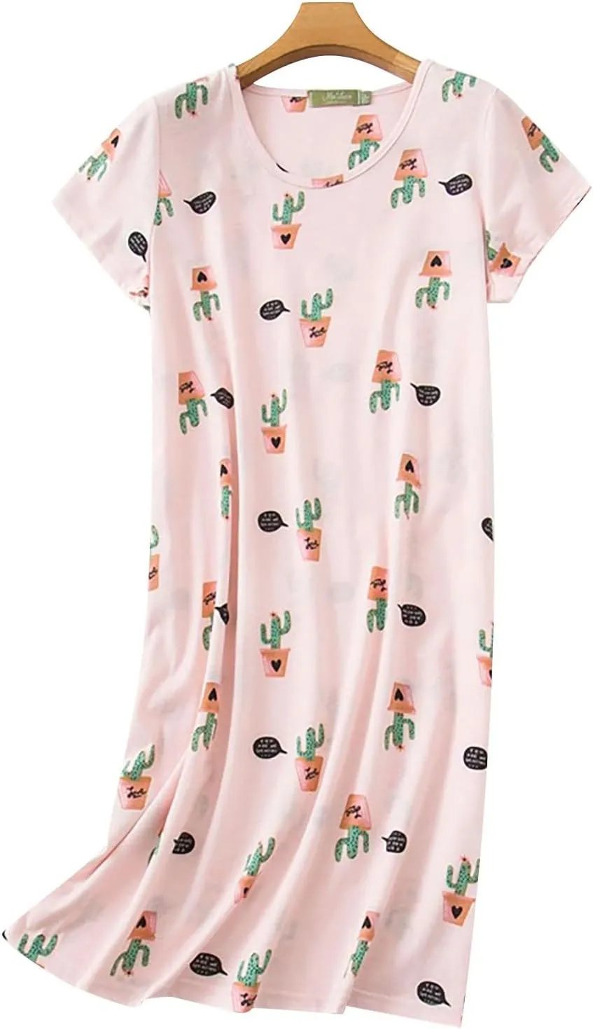 Women Nightgown Women's Cotton Nightgowns Sleepwear Flare Short Sleeve Sleepshirt Casual Print Sleepdress Comfy Pajama Dress
