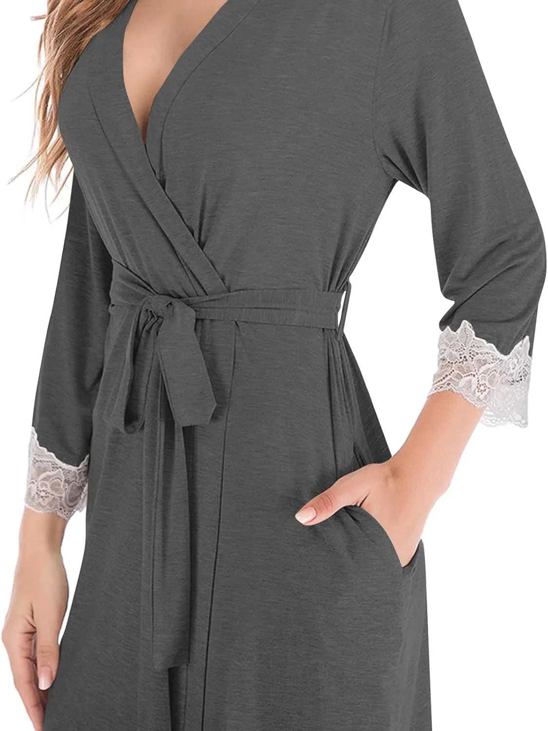 Women Short Kimono Bathrobe, Lightweight Comfy Casual Boudoir Sleepwear Long Sleeve V-Neck Lace Trim Modal Soft Robe