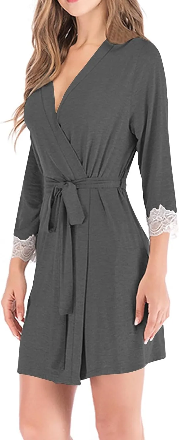 Women Short Kimono Bathrobe, Lightweight Comfy Casual Boudoir Sleepwear Long Sleeve V-Neck Lace Trim Modal Soft Robe