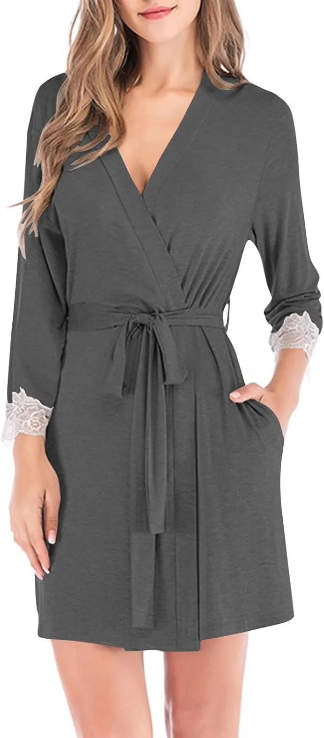Women Short Kimono Bathrobe, Lightweight Comfy Casual Boudoir Sleepwear Long Sleeve V-Neck Lace Trim Modal Soft Robe