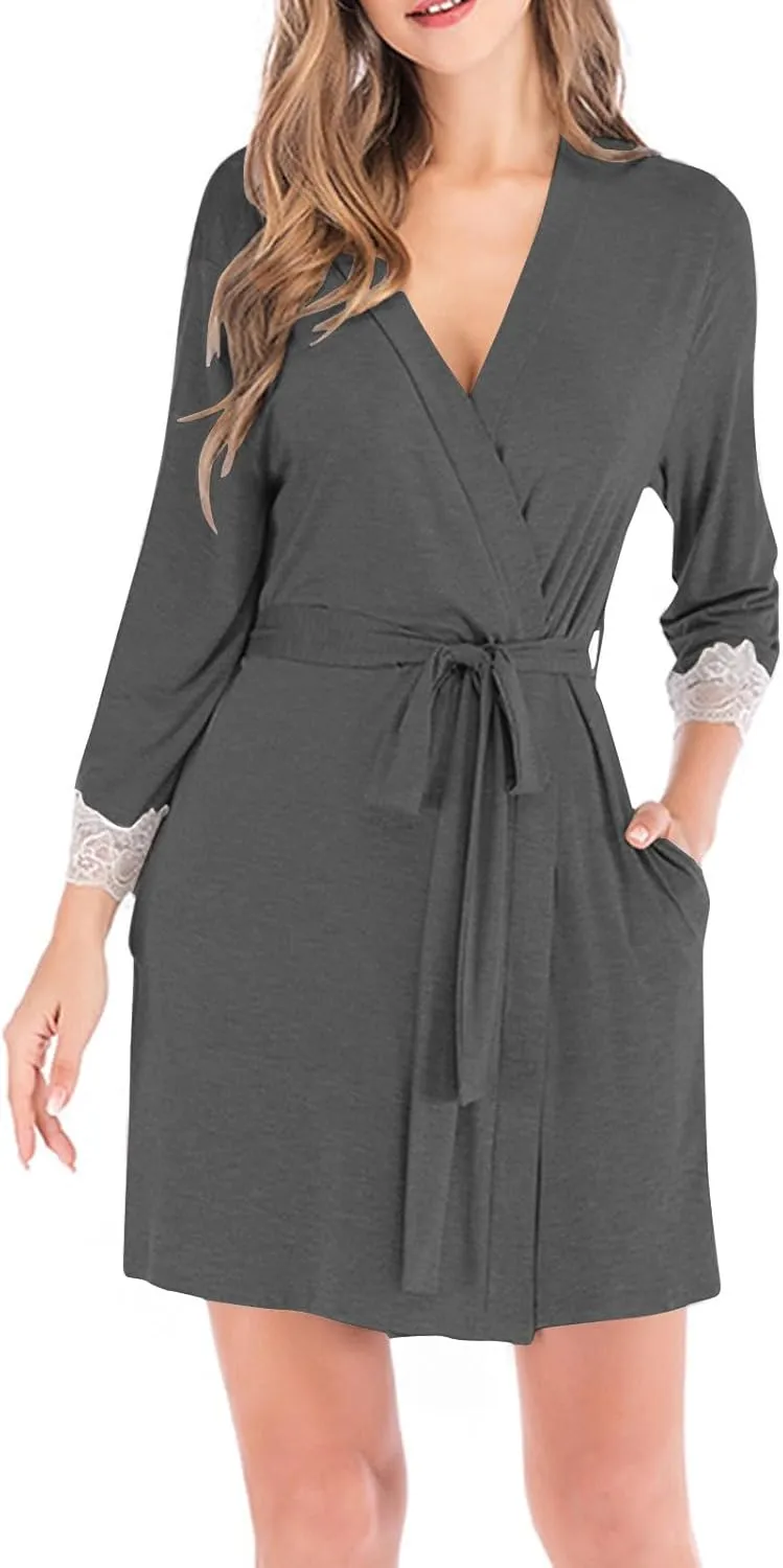 Women Short Kimono Bathrobe, Lightweight Comfy Casual Boudoir Sleepwear Long Sleeve V-Neck Lace Trim Modal Soft Robe