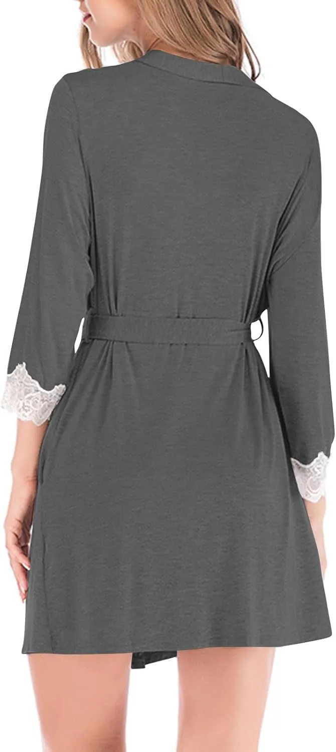 Women Short Kimono Bathrobe, Lightweight Comfy Casual Boudoir Sleepwear Long Sleeve V-Neck Lace Trim Modal Soft Robe