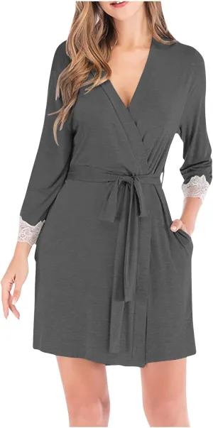 Women Short Kimono Bathrobe, Lightweight Comfy Casual Boudoir Sleepwear Long Sleeve V-Neck Lace Trim Modal Soft Robe