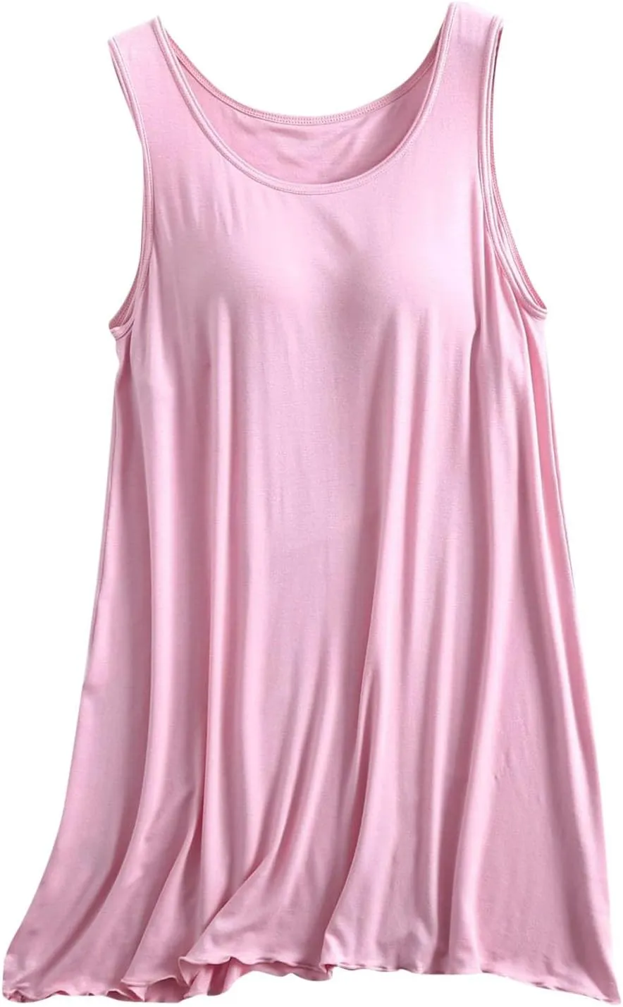 Women Sleeveless Nightshirt Soft Padded Bra Pajamas Dress Crew Neck Summer Nightgown Solid Home Lounge Sleepwear