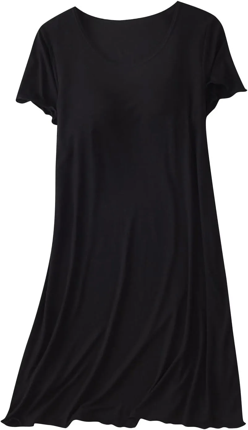 Women Soft Nightgown Comfy Lounge Nightshirt with Built in Bra Short Sleeve Sleep T Shirt Dress Cotton Lounge Pajamas