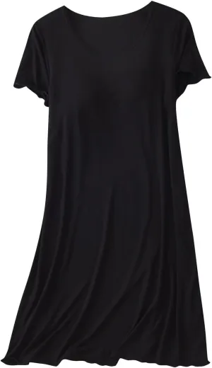 Women Soft Nightgown Comfy Lounge Nightshirt with Built in Bra Short Sleeve Sleep T Shirt Dress Cotton Lounge Pajamas