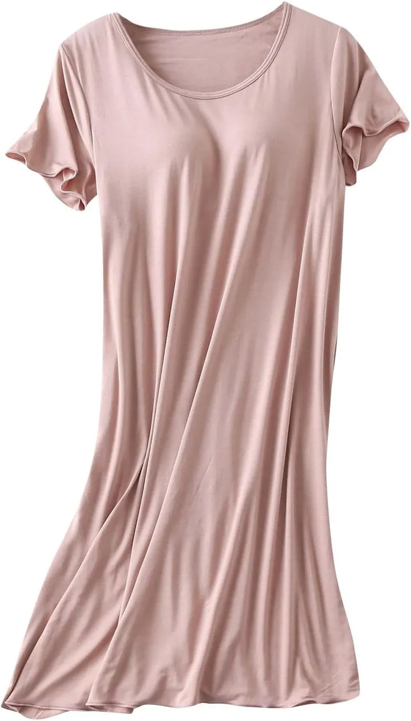 Women Soft Nightgown Comfy Lounge Nightshirt with Built in Bra Short Sleeve Sleep T Shirt Dress Cotton Lounge Pajamas