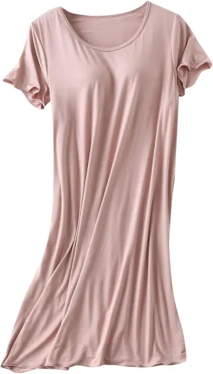 Women Soft Nightgown Comfy Lounge Nightshirt with Built in Bra Short Sleeve Sleep T Shirt Dress Cotton Lounge Pajamas