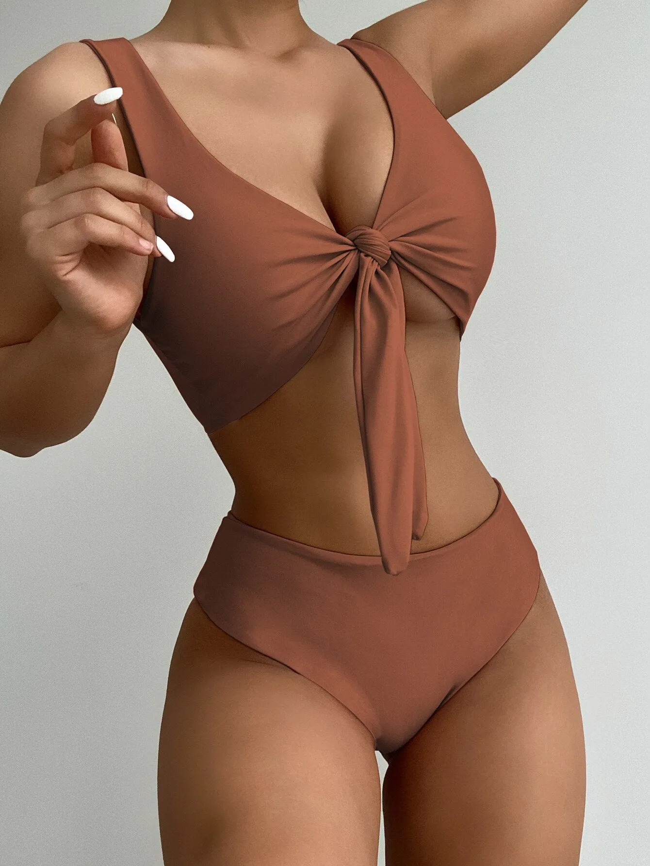 Women Solid Color Bow Swimsuit European American Style Bikini Set