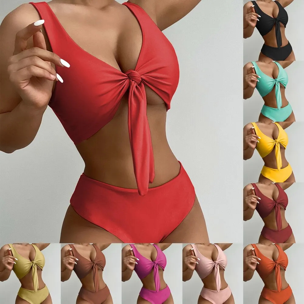 Women Solid Color Bow Swimsuit European American Style Bikini Set