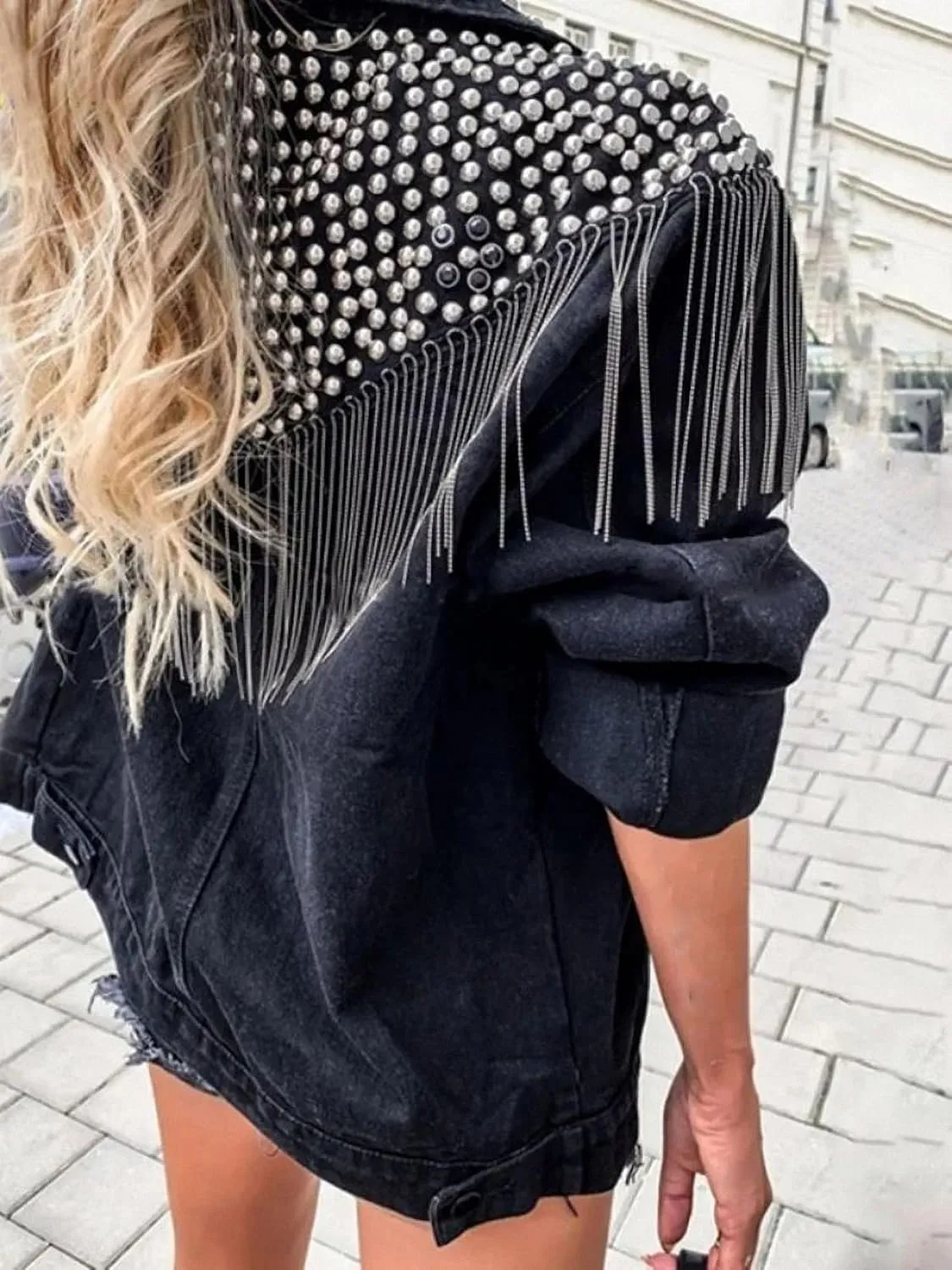 Women Streetwear Denim Jacket Spring Autumn Long Sleeve Lapel Rivet Tassel Loose Jeans Coat Female Black Outwear