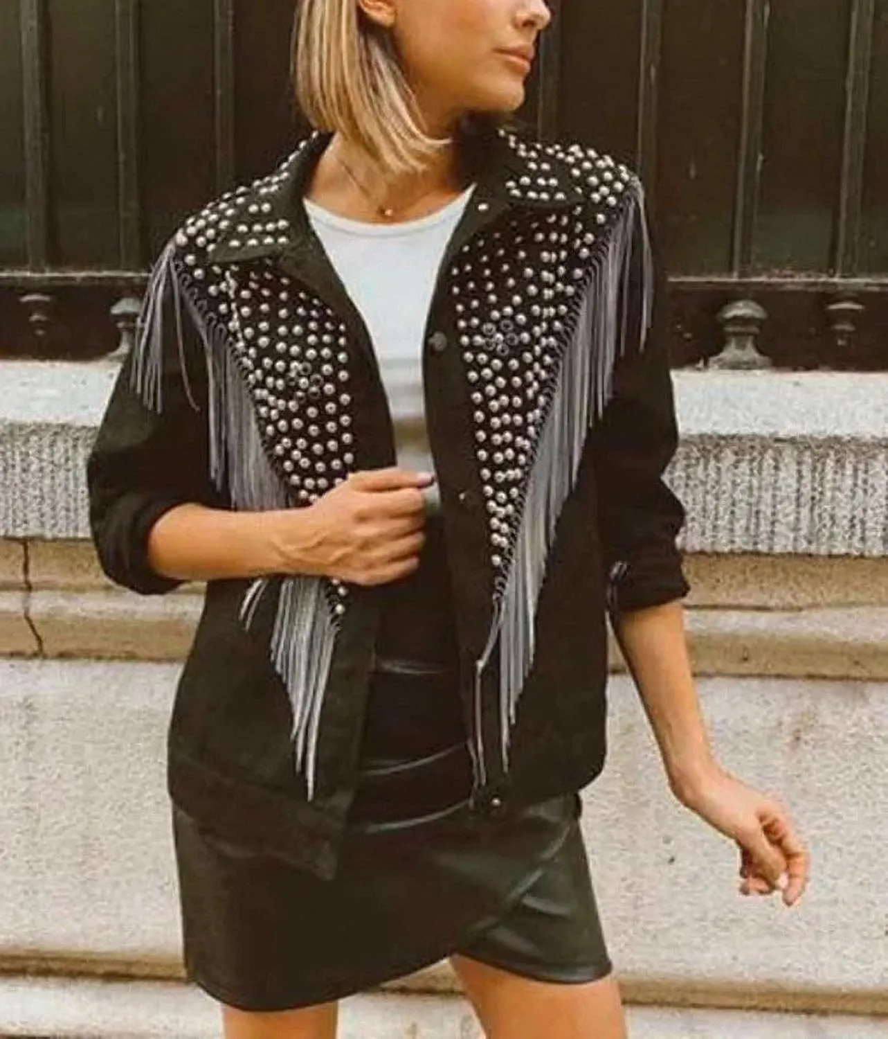 Women Streetwear Denim Jacket Spring Autumn Long Sleeve Lapel Rivet Tassel Loose Jeans Coat Female Black Outwear