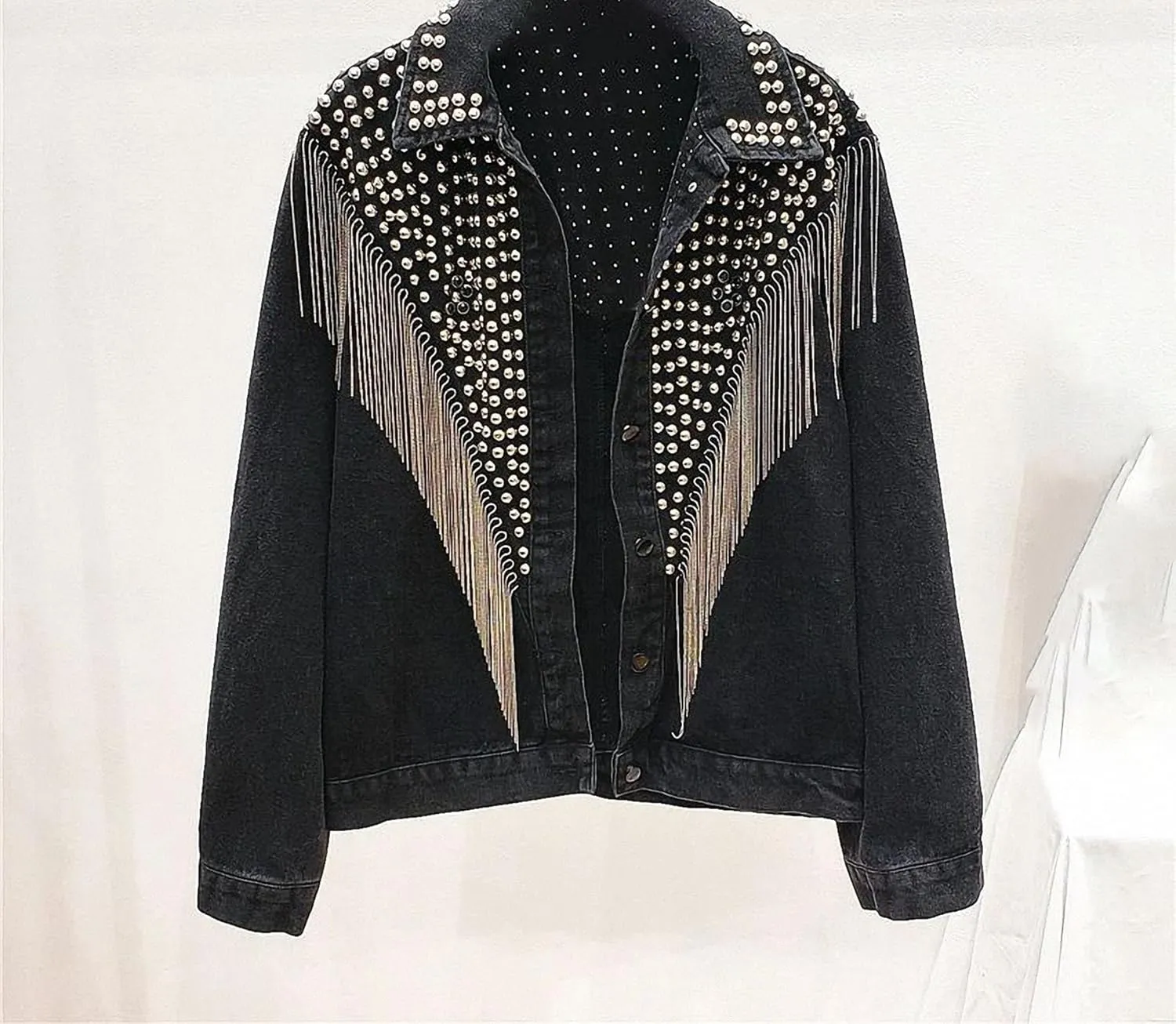 Women Streetwear Denim Jacket Spring Autumn Long Sleeve Lapel Rivet Tassel Loose Jeans Coat Female Black Outwear