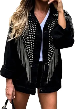 Women Streetwear Denim Jacket Spring Autumn Long Sleeve Lapel Rivet Tassel Loose Jeans Coat Female Black Outwear
