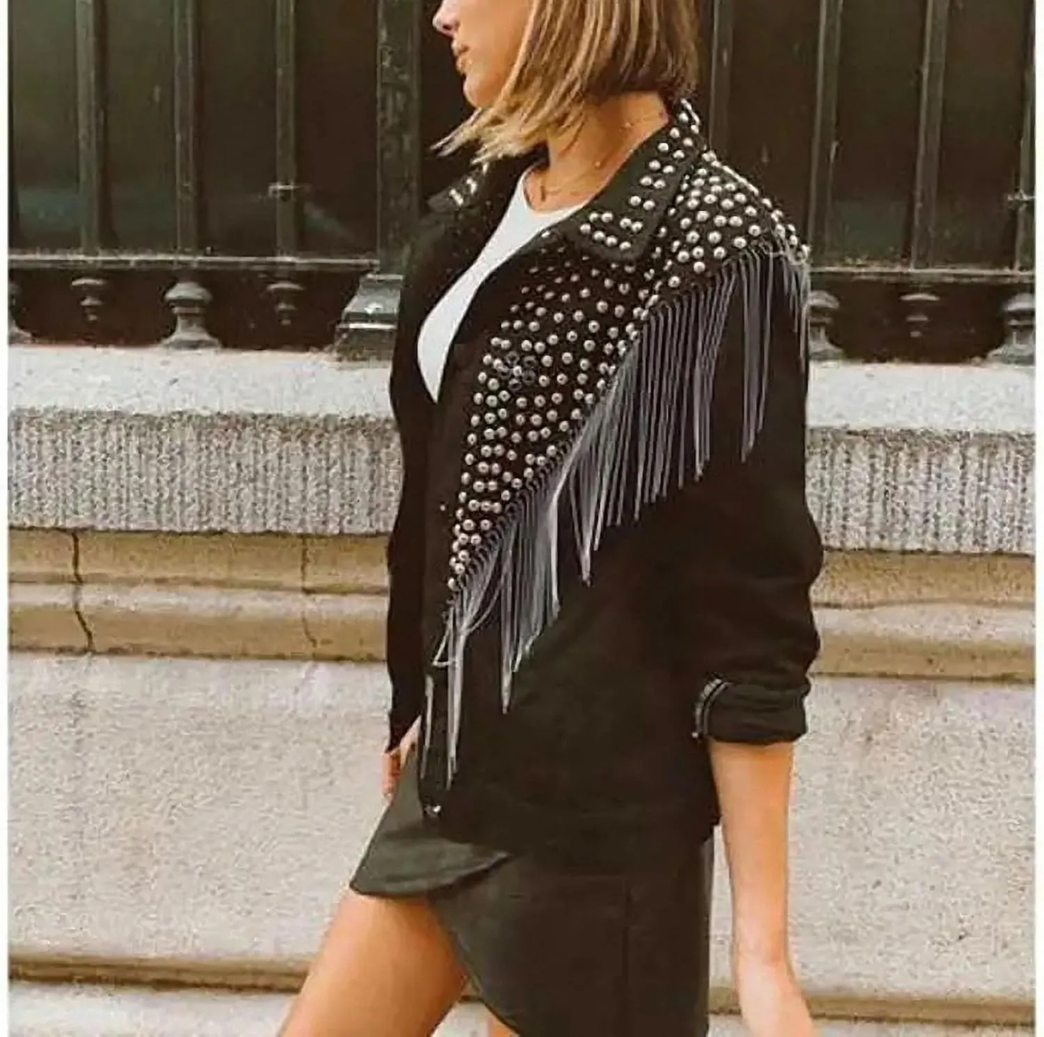 Women Streetwear Denim Jacket Spring Autumn Long Sleeve Lapel Rivet Tassel Loose Jeans Coat Female Black Outwear