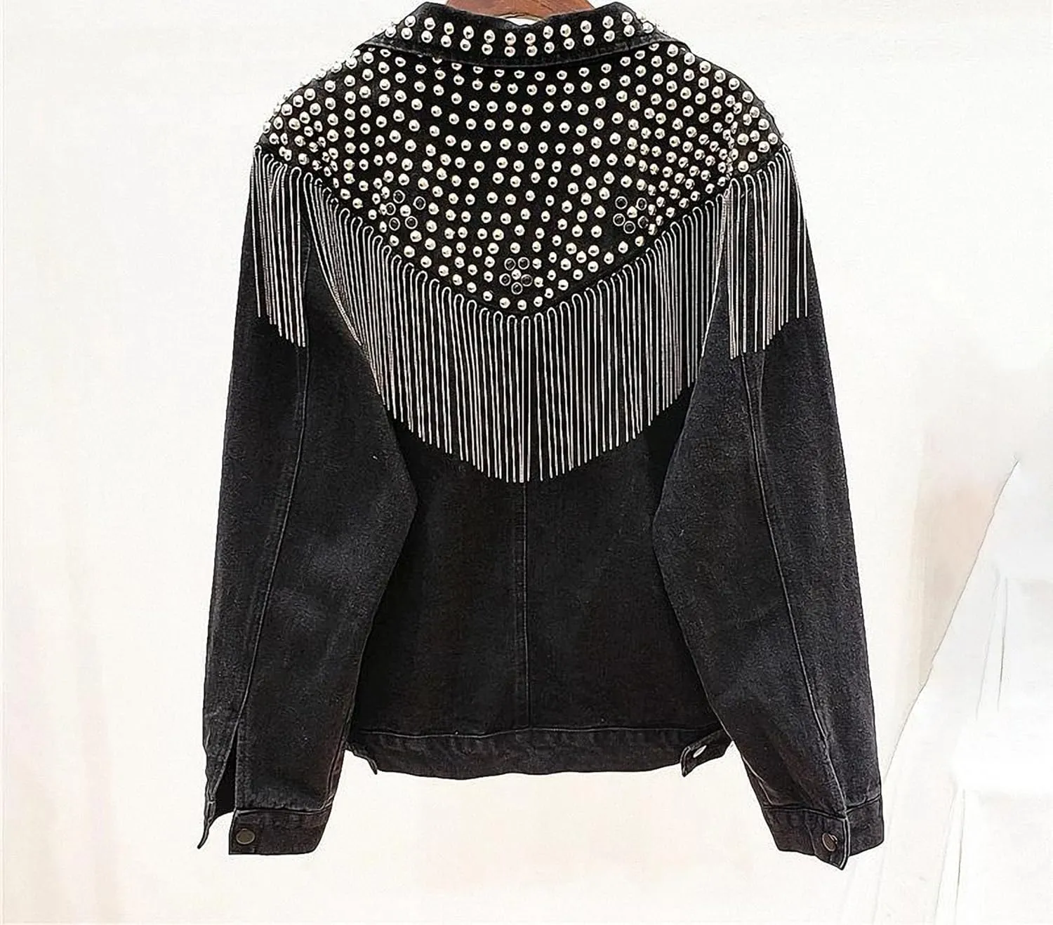 Women Streetwear Denim Jacket Spring Autumn Long Sleeve Lapel Rivet Tassel Loose Jeans Coat Female Black Outwear