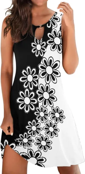 Women Summer Loose Dress Sleeveless Floral Print V Neck Hollow Out Sundress Casual Beach Dress Mini Dress Sundress