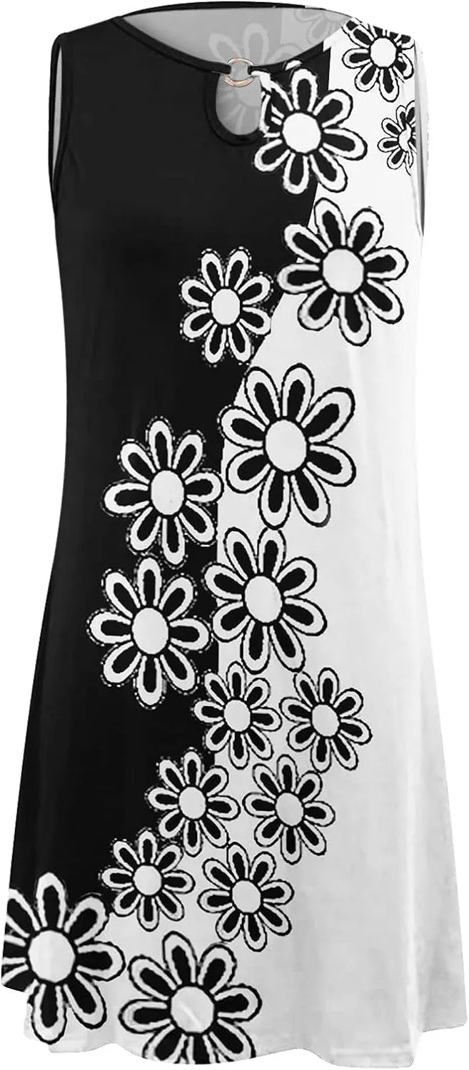 Women Summer Loose Dress Sleeveless Floral Print V Neck Hollow Out Sundress Casual Beach Dress Mini Dress Sundress