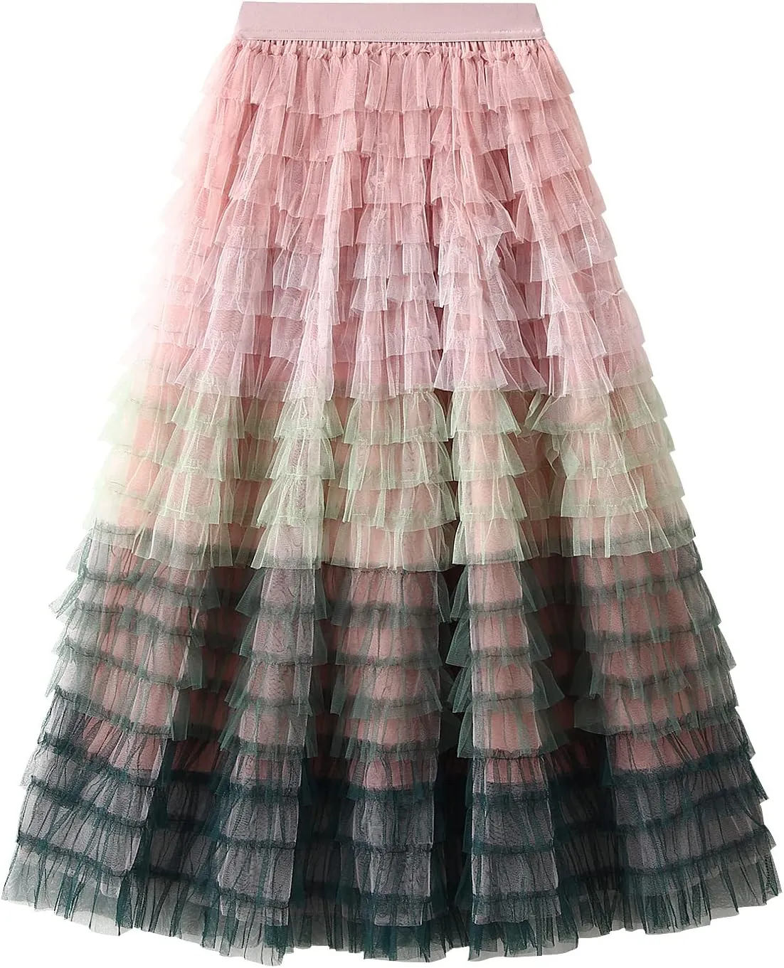 Women Tulle Tutu Skirt Multilayer Casual Gradient Color Elastic Mesh Princess Skirt Ruffle Swing Casual Long Maxi Skirts