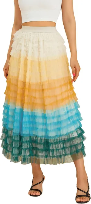 Women Tulle Tutu Skirt Multilayer Casual Gradient Color Elastic Mesh Princess Skirt Ruffle Swing Casual Long Maxi Skirts